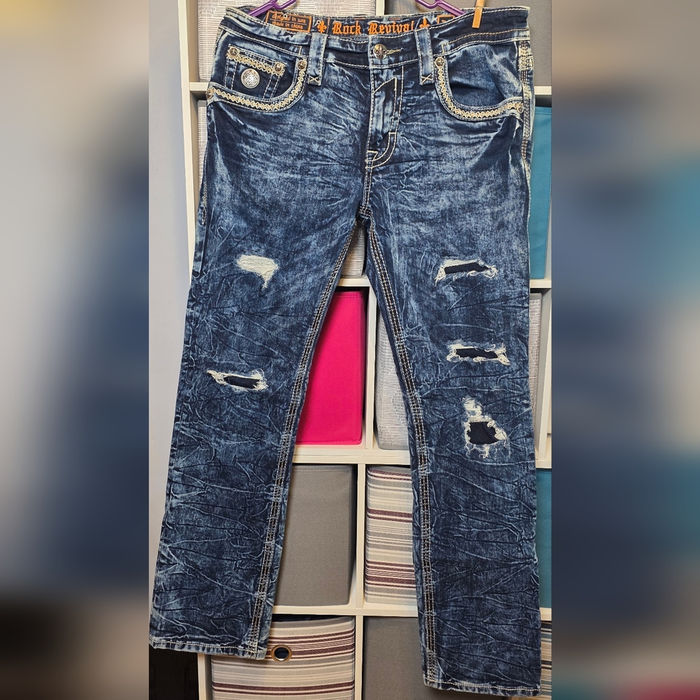 Rock Revival Men's Distressed Blue Straight Jeans